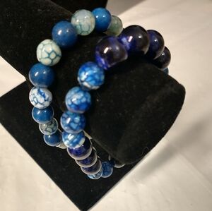 Blue Agate Natural Stone Quality Beads Bracelet Set Of Two Handcrafted NWOT